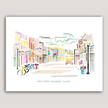 Fun and colorful watercolor scene from Main Street on Mackinac Island, with shops, bikes and a horse-drawn carriage.