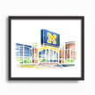 Bright watercolor painting of Michigan Stadium including M sign and entrance gate, placed in a simple black frame.