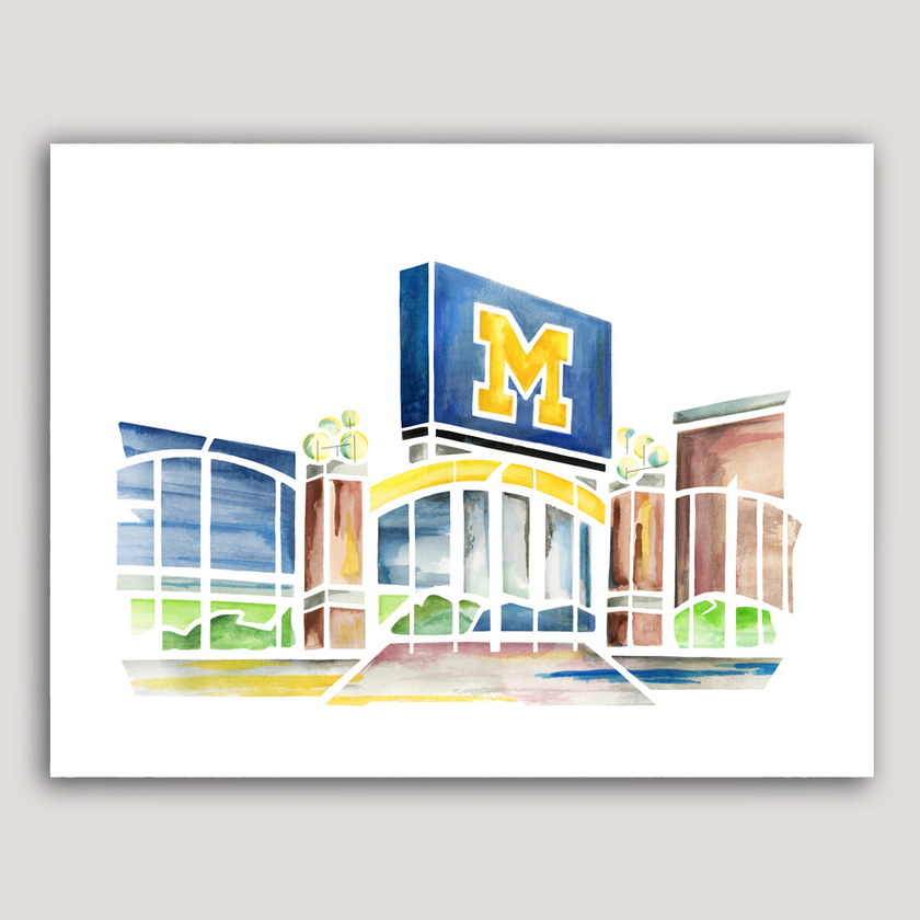 Bright watercolor painting of Michigan Stadium including M sign and entrance gate.