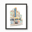 Colorful watercolor painting of he Michigan theater and marquee in Ann Arbor, Michigan. Shades of blue, brown, and gold. Placed in a simple black frame.