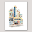 Colorful watercolor painting of he Michigan theater and marquee in Ann Arbor, Michigan. Shades of blue, brown, and gold.