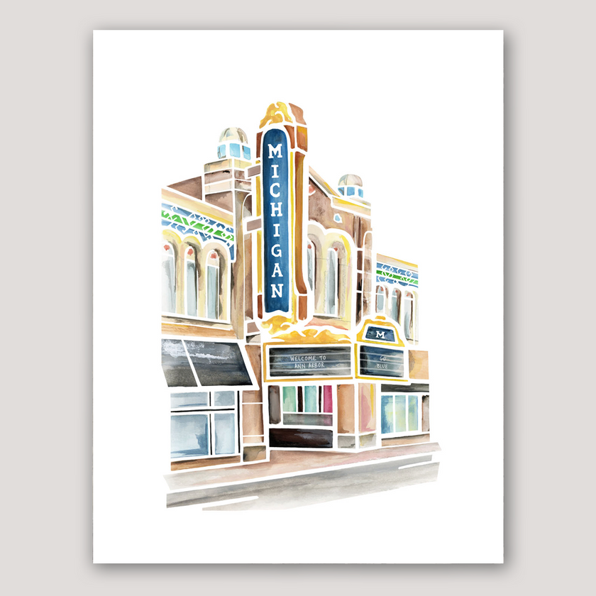 Colorful watercolor painting of he Michigan theater and marquee in Ann Arbor, Michigan. Shades of blue, brown, and gold.