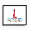 Black frame with bright watercolor painting of the Muskegon lighthouse in vibrant red, with stone pier and Lake Michigan.