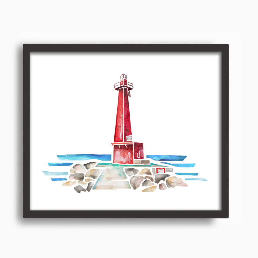 Black frame with bright watercolor painting of the Muskegon lighthouse in vibrant red, with stone pier and Lake Michigan.