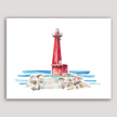 Bright watercolor painting of the Muskegon lighthouse in vibrant red, with stone pier and Lake Michigan.