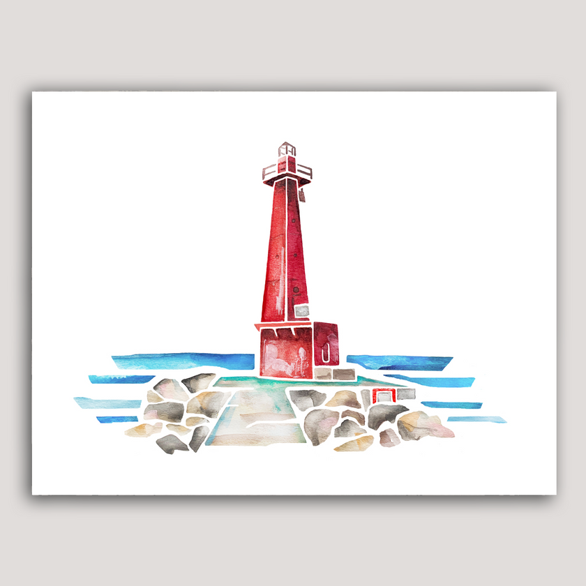 Bright watercolor painting of the Muskegon lighthouse in vibrant red, with stone pier and Lake Michigan.