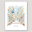 Colorful watercolor painting of Nickels Arcade shopping center in Ann Arbor, featuring shops and cafes and windows.