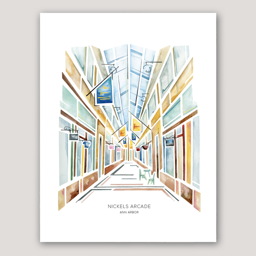 Colorful watercolor painting of Nickels Arcade shopping center in Ann Arbor, featuring shops and cafes and windows.