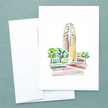 Folded notecard with watercolor painting of Burton Tower in Ann Arbor, Michigan. Original artwork by Emily Frushour.