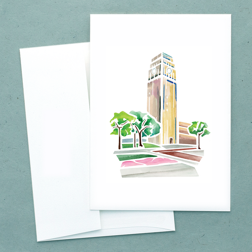 Folded notecard with watercolor painting of Burton Tower in Ann Arbor, Michigan. Original artwork by Emily Frushour.
