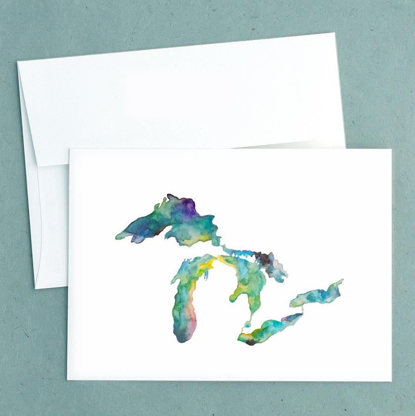 Folded notecard with a watercolor painting of the Great Lakes and Michigan, painted by Emily Frushour.