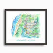 Colorful and delicate watercolor map of Pentwater, Michigan in a black frame.