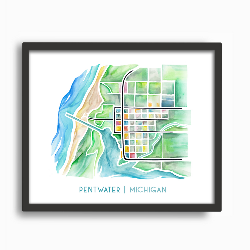 Colorful and delicate watercolor map of Pentwater, Michigan in a black frame.