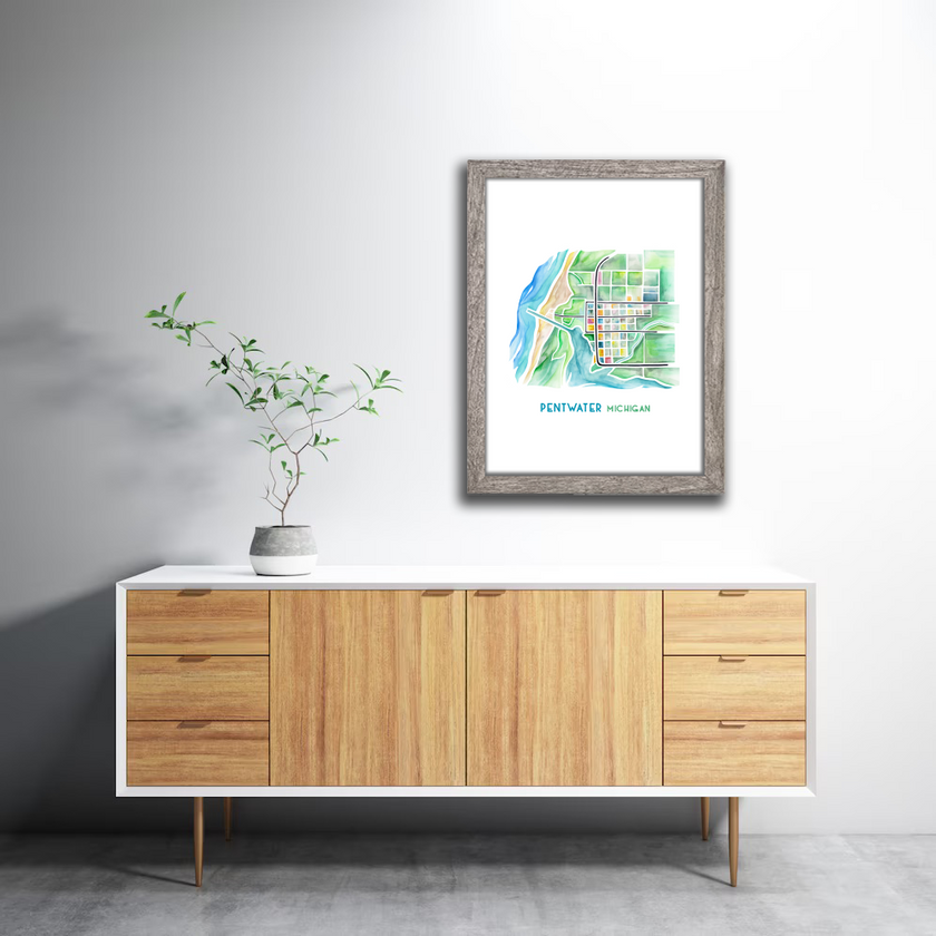 Colorful and delicate watercolor map of Pentwater, Michigan as home decor.