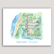 Colorful and delicate watercolor map of Pentwater, Michigan.