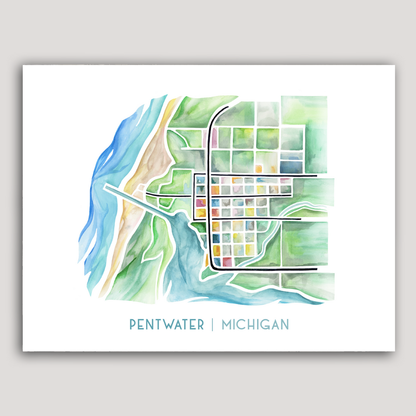 Colorful and delicate watercolor map of Pentwater, Michigan.