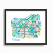 Colorful geometric watercolor map of downtown Petoskey, Michigan, in a black frame.