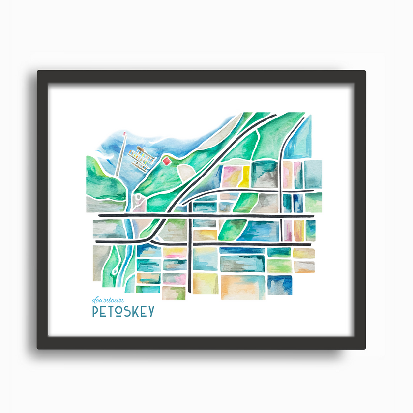 Colorful geometric watercolor map of downtown Petoskey, Michigan, in a black frame.