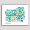 Bright and colorful geometric watercolor map of downtown Petoskey in northern Michigan.