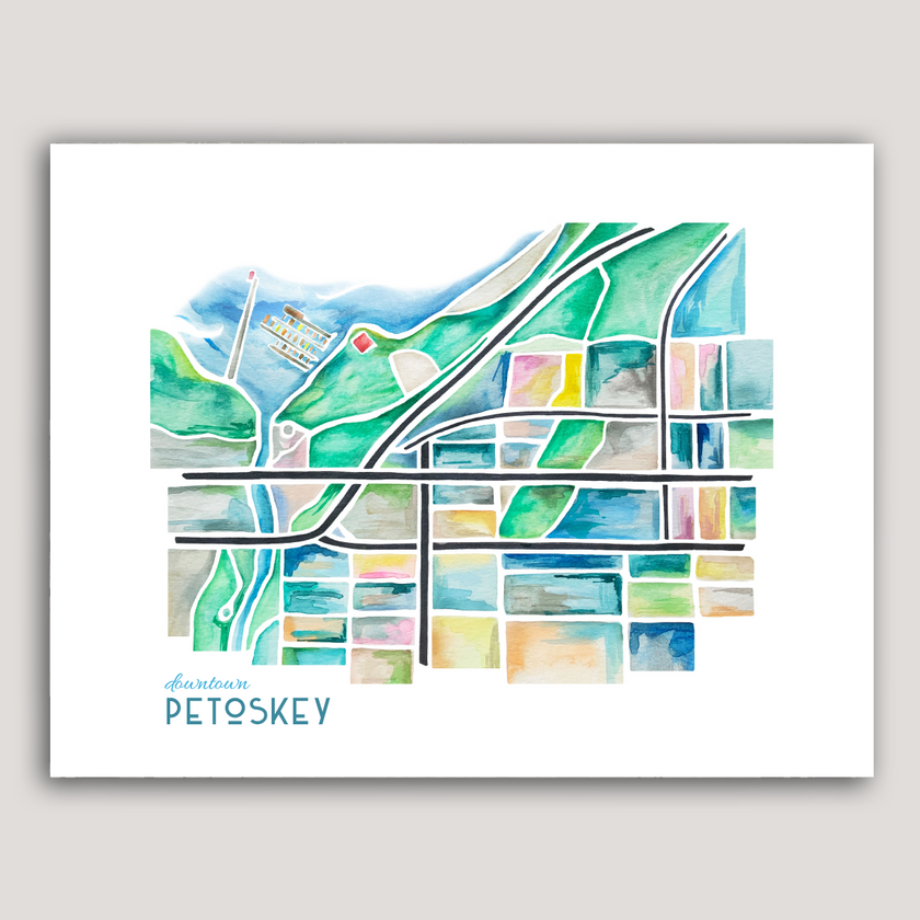 Bright and colorful geometric watercolor map of downtown Petoskey in northern Michigan.