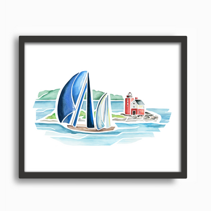 Sailboat & Round Island Lighthouse Watercolor Print