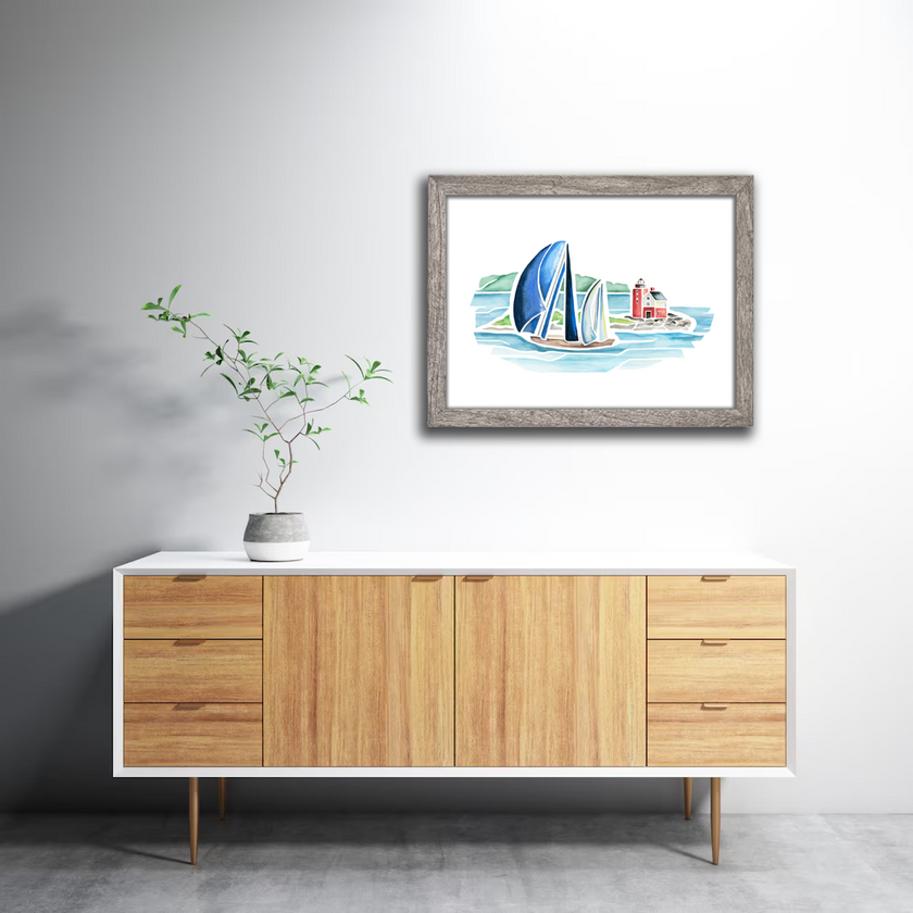 Sailboat & Round Island Lighthouse Watercolor Print