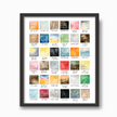 Colorful geometric watercolor swatches correlating to song lyrics, in a black frame on a wall.