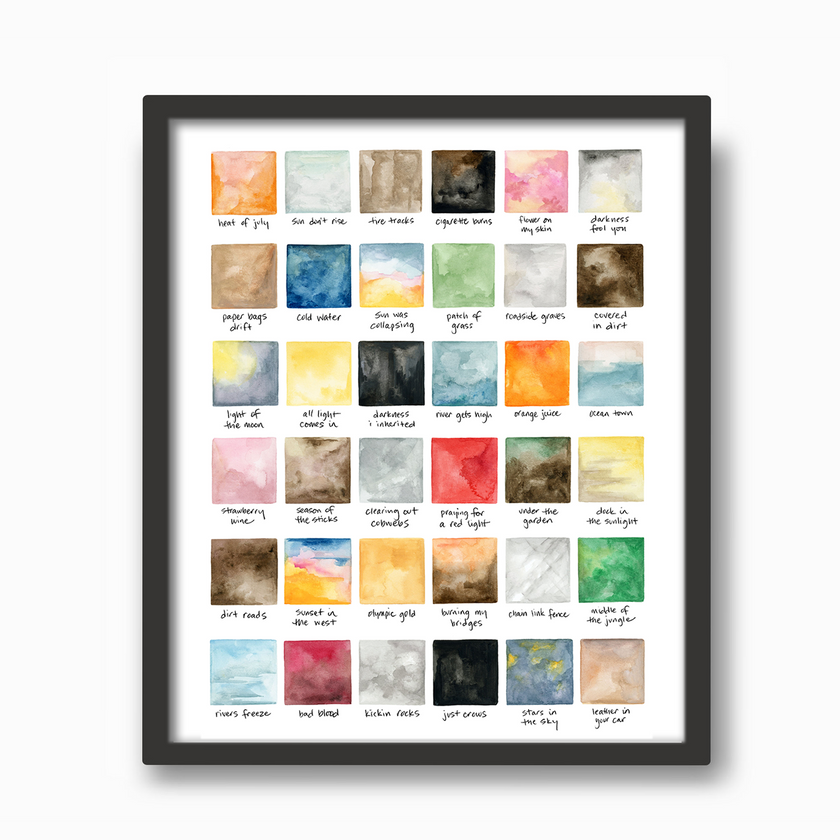 Colorful geometric watercolor swatches correlating to song lyrics, in a black frame on a wall.