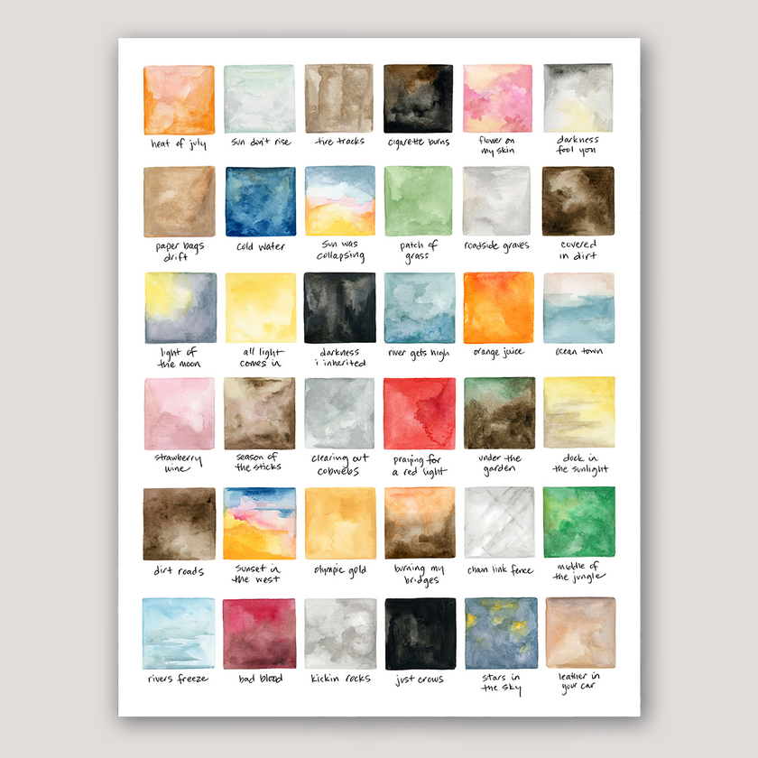 Song Lyrics Watercolor Swatches | Everywhere Everything | Singer Songwriter | Folk Music | Art Inspired by Lyrics