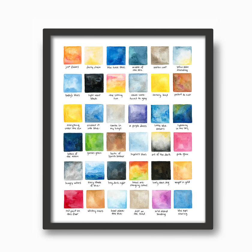 Colorful geometric watercolor swatches correlating to song lyrics, in a black frame on a wall.