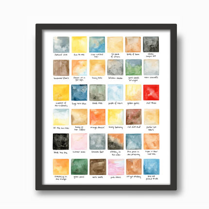 Framed watercolor art with colorful squares relating to song lyrics. Original artwork by Emily Frushour.