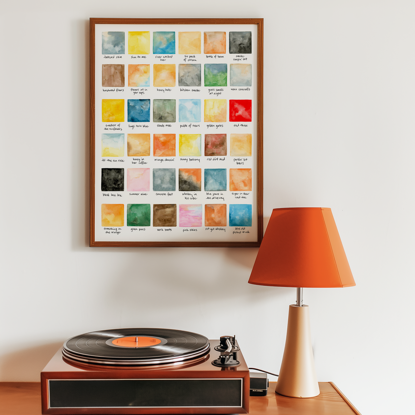 Framed watercolor art with colorful squares relating to song lyrics next to a record player.