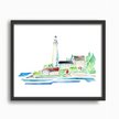 Watercolor print of the lighthouse on South Manitou Island in northern Michigan, surrounded by trees and Lake Michigan. Art by Emily Frushour, in a black frame.