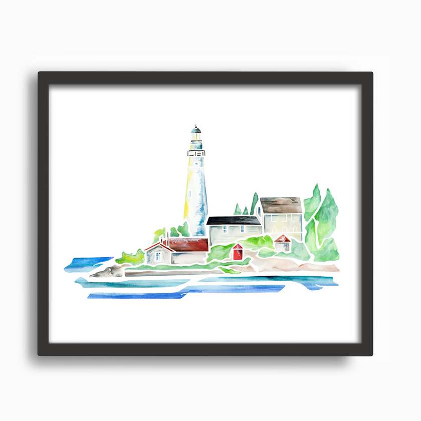 Watercolor print of the lighthouse on South Manitou Island in northern Michigan, surrounded by trees and Lake Michigan. Art by Emily Frushour, in a black frame.