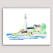 Watercolor print of the lighthouse on South Manitou Island in northern Michigan. Surrounded by trees and Lake Michigan.