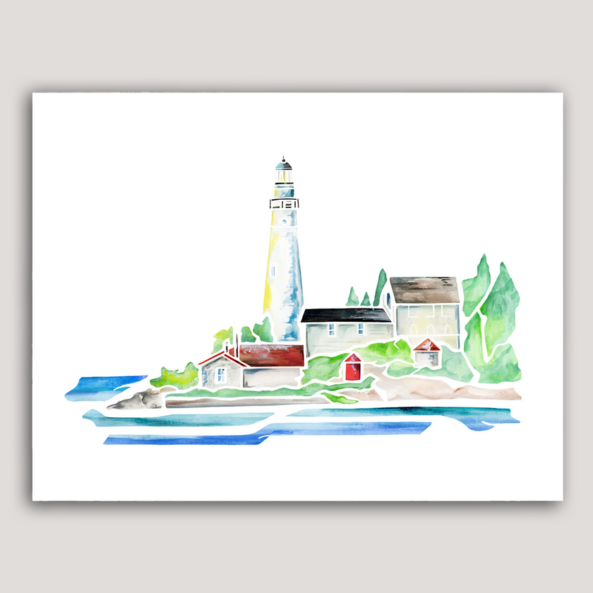 Watercolor print of the lighthouse on South Manitou Island in northern Michigan. Surrounded by trees and Lake Michigan.