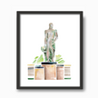 Watercolor painting of a bronze spartan statue in East Lansing, Michigan, in a black frame. Clean and geometric style, created by Emily Frushour.