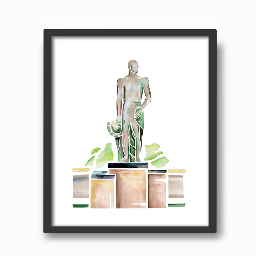 Watercolor painting of a bronze spartan statue in East Lansing, Michigan, in a black frame. Clean and geometric style, created by Emily Frushour.