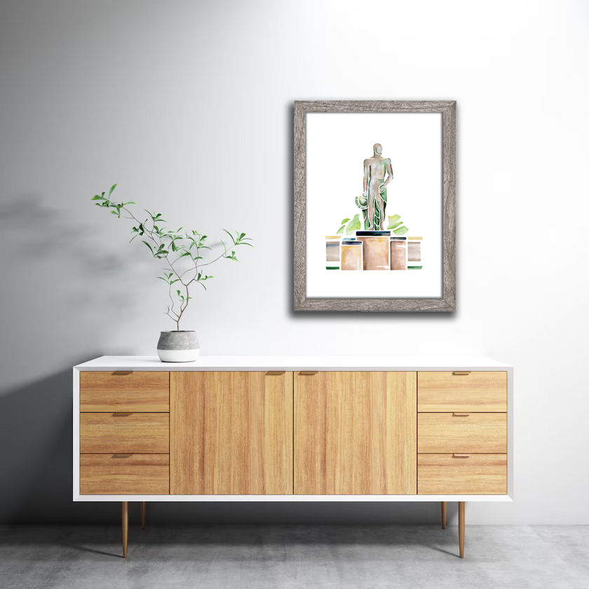 Framed watercolor painting of a bronze spartan statue in East Lansing, Michigan. Clean and geometric style, created by Emily Frushour.