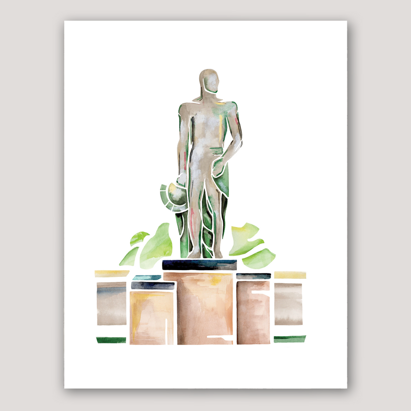 Watercolor painting of a bronze spartan statue in East Lansing, Michigan. Clean and geometric style, created by Emily Frushour.