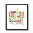 Framed watercolor painting of the State Theater in Ann Arbor, Michigan, featuring vibrant yellows and reds.