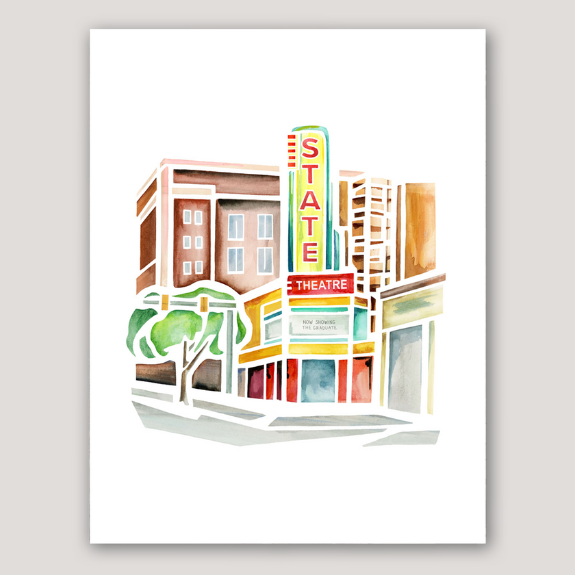 Watercolor painting of the State Theater in Ann Arbor, Michigan. Yellow marquee and red theater sign.