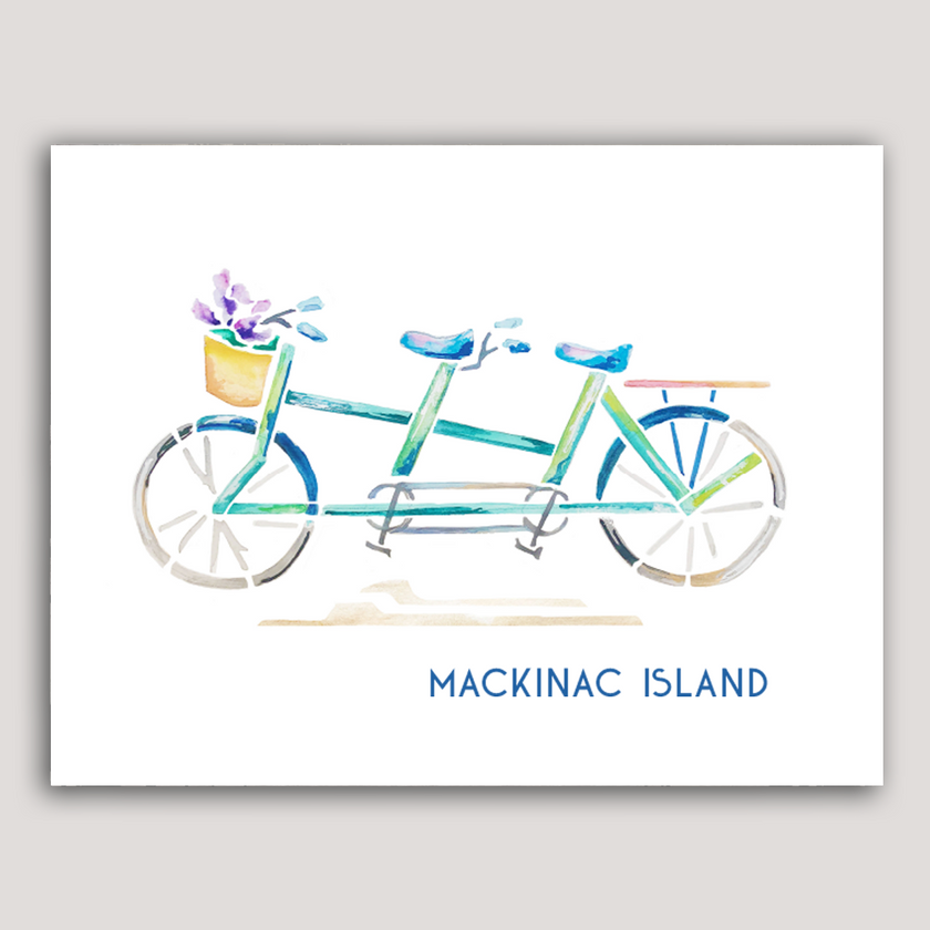 Colorful watercolor print of a green and blue tandem bike with the words Mackinac Island.