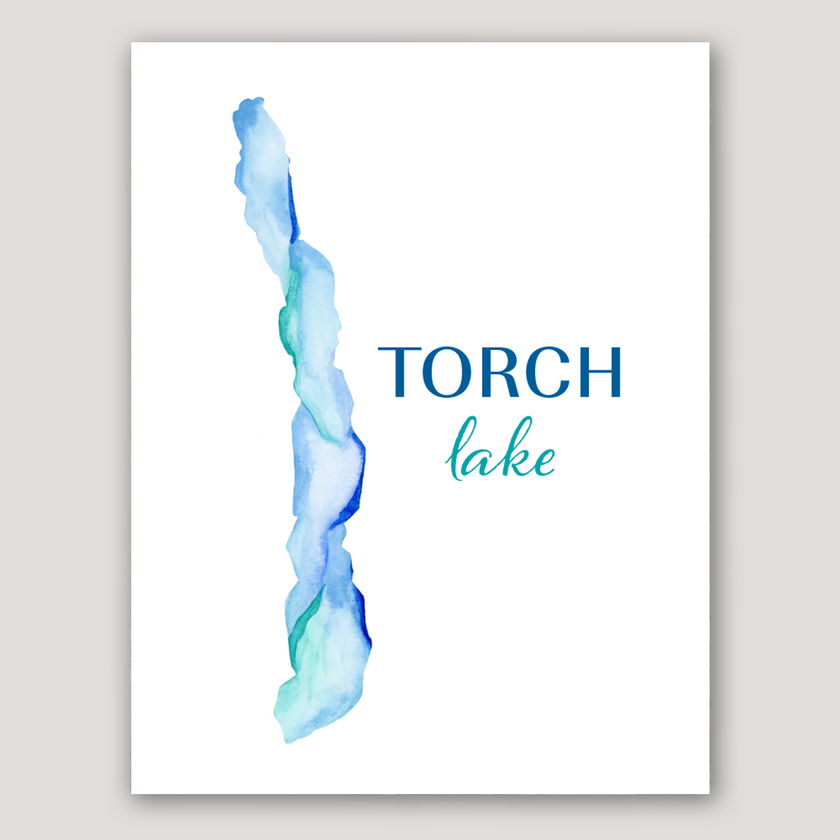 Vibrant watercolor map of Torch Lake in Michigan, with bright shades of blue.