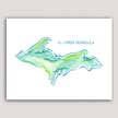 Watercolor painting of a map of Michigan's upper peninsula, created in shades of green and blue.