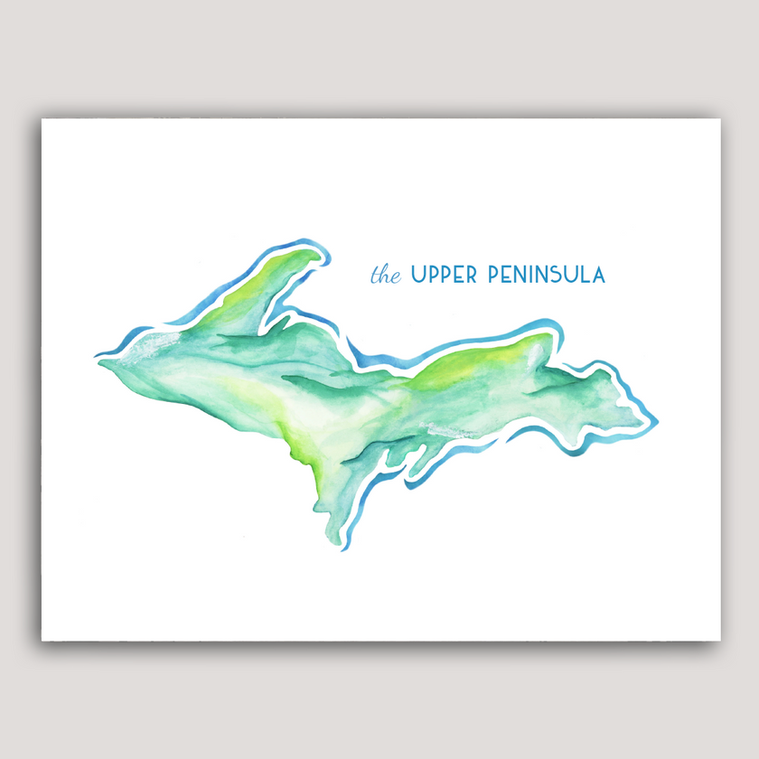 Watercolor painting of a map of Michigan's upper peninsula, created in shades of green and blue.