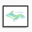 Watercolor painting of a map of Michigan's upper peninsula, created in shades of green and blue, placed in a black frame.
