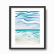 Black frame with a blue and tan watercolor painting showing waves and sand in a calming waterscape.