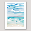 Watercolor painting of a waterscape featuring shades of blue and tan. Calming beach scene.