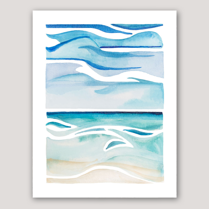 Watercolor painting of a waterscape featuring shades of blue and tan. Calming beach scene.
